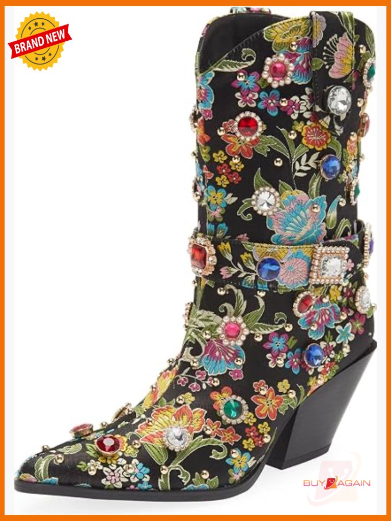 Embroidered Rhinestone Cowgirl Boots Chunky Heel Pointed Toe Mid Calf Western